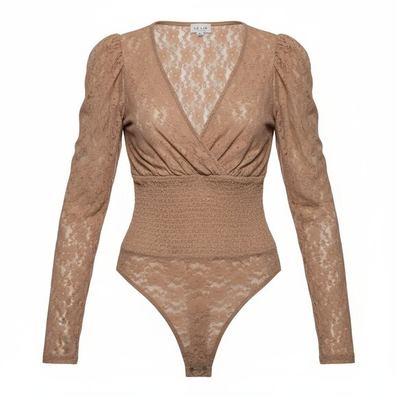 Le Lis Bodysuit Womens Small Tan Sheer Lace Long Sleeve Smocked Waist Fairy - Picture 1 of 16